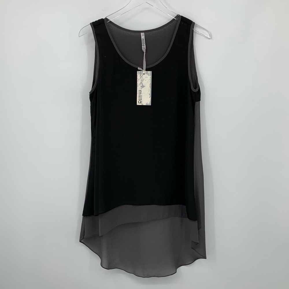 Miilla layered chiffon tank top blouse shirt gray black semi sheer new Small